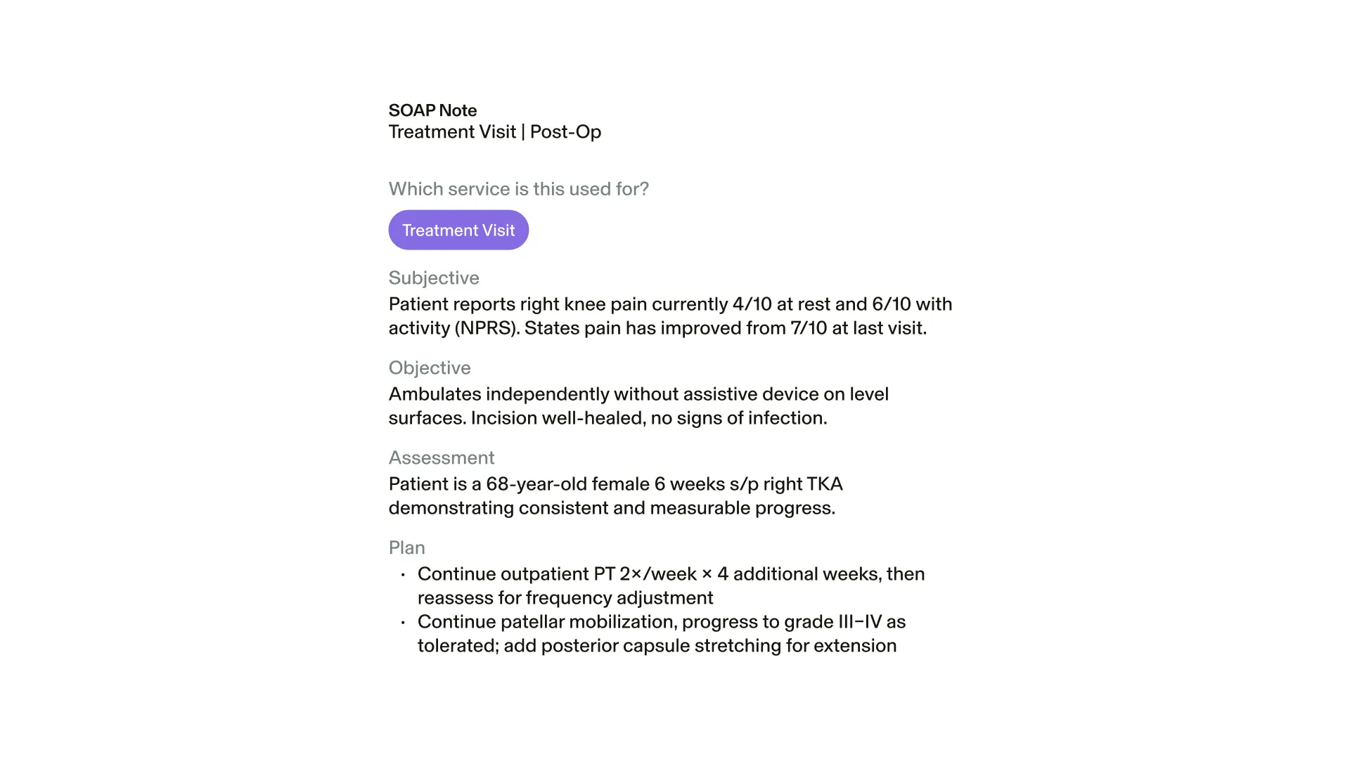 A plan-of-care SOAP note in the GlossGenius physical therapy EMR, documenting a patient's rehab progress and next-session goals.