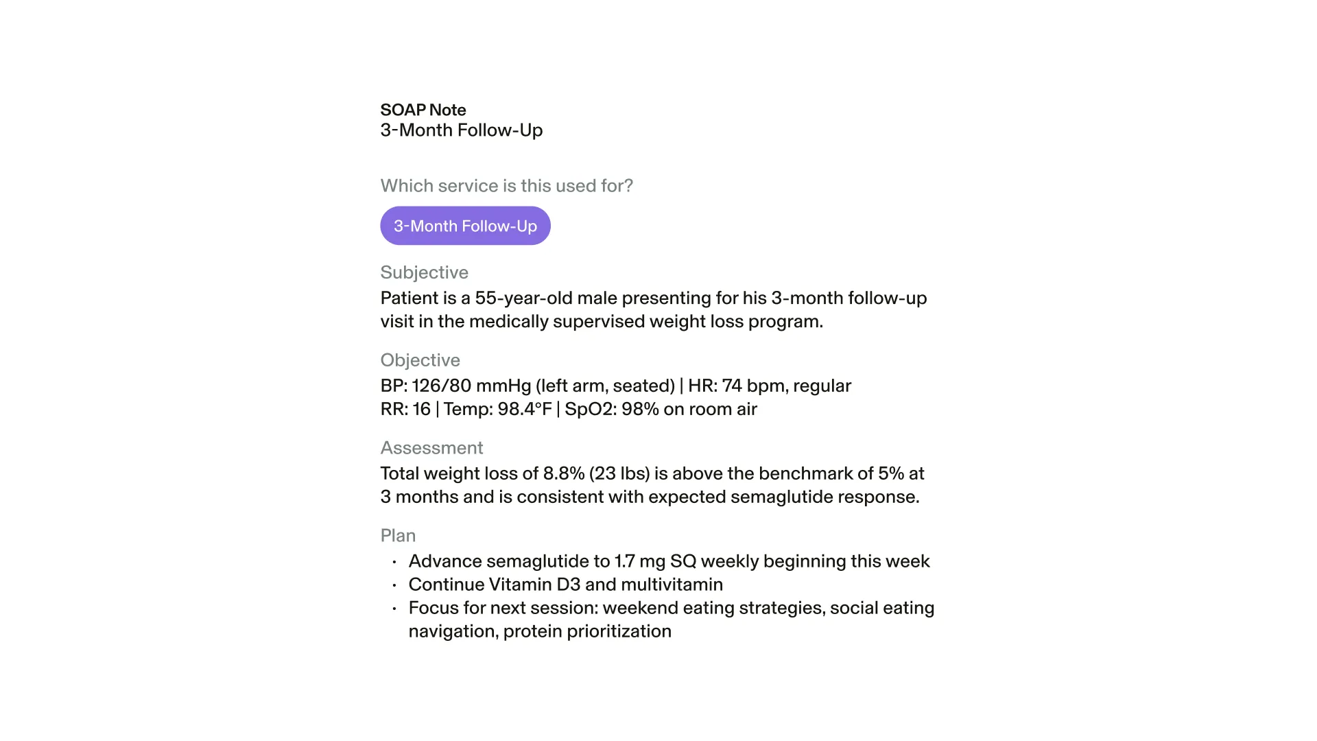 
SOAP note in the GlossGenius medical weight loss EMR, capturing a monthly GLP-1 check-in with care plan updates and patient progress notes.