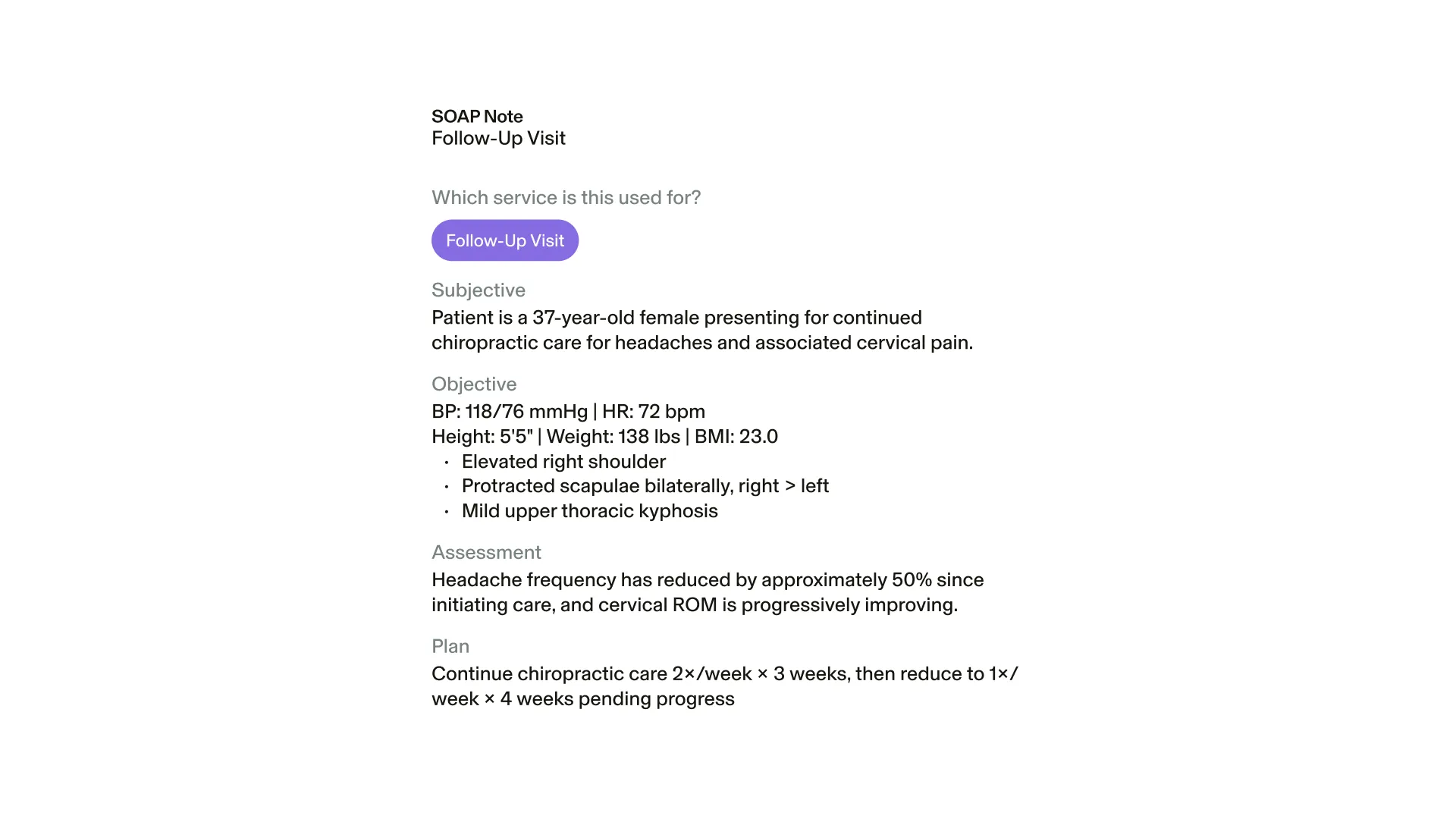 An example of a SOAP note created with the GlossGenius chiropractic EMR system, with notes and a treatment plan checklist for a chiropractic adjustment session.