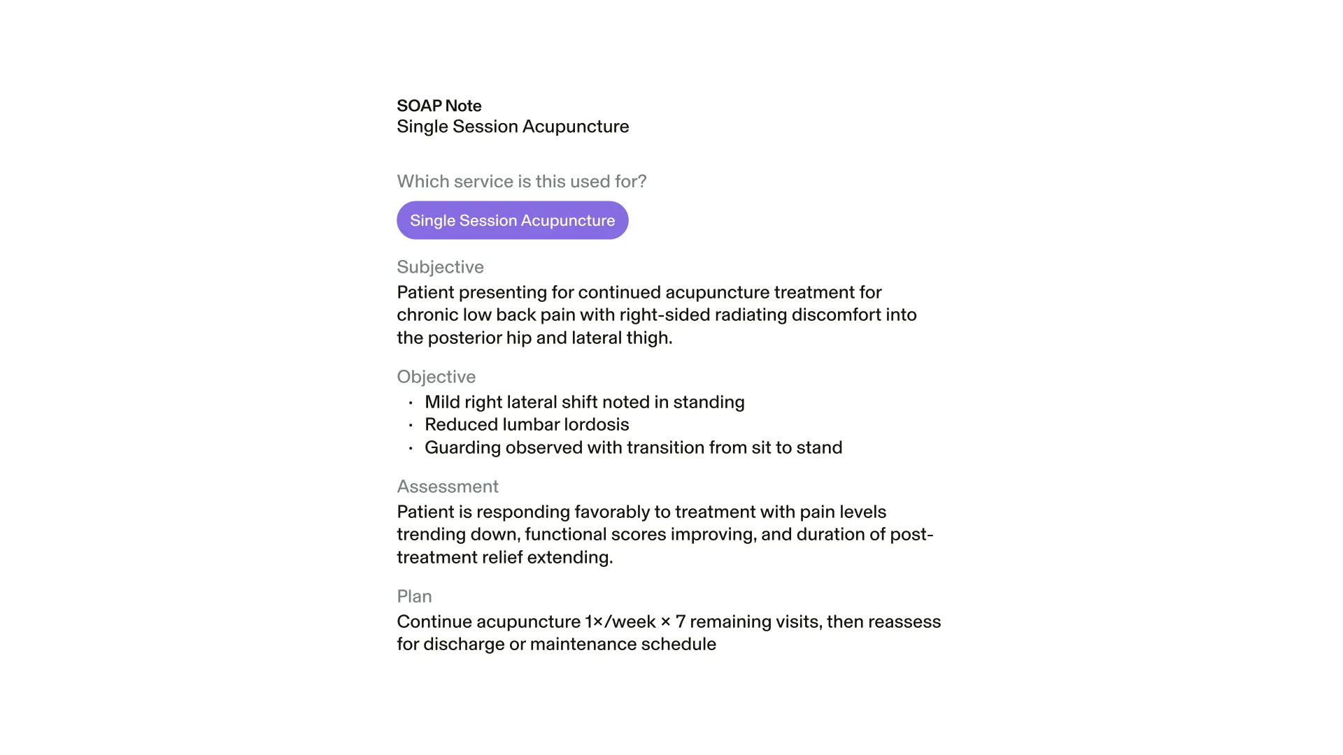 An example of a SOAP note created with the GlossGenius acupuncture EMR system with notes on a single acupuncture session.