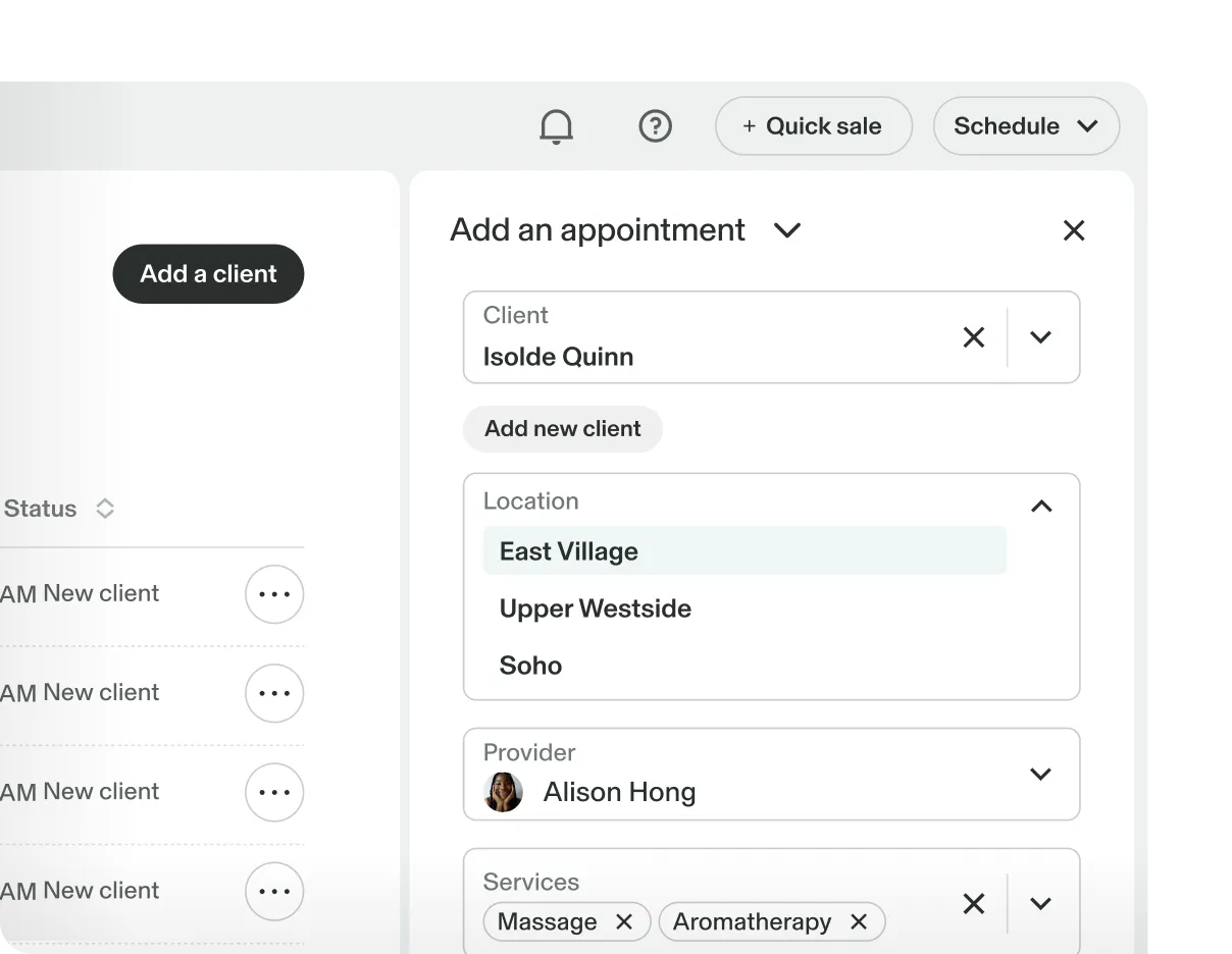 Add an appointment screen for the GlossGenius multi-location scheduling system with a location dropdown showing East Village, Upper Westside, and Soho selectable.