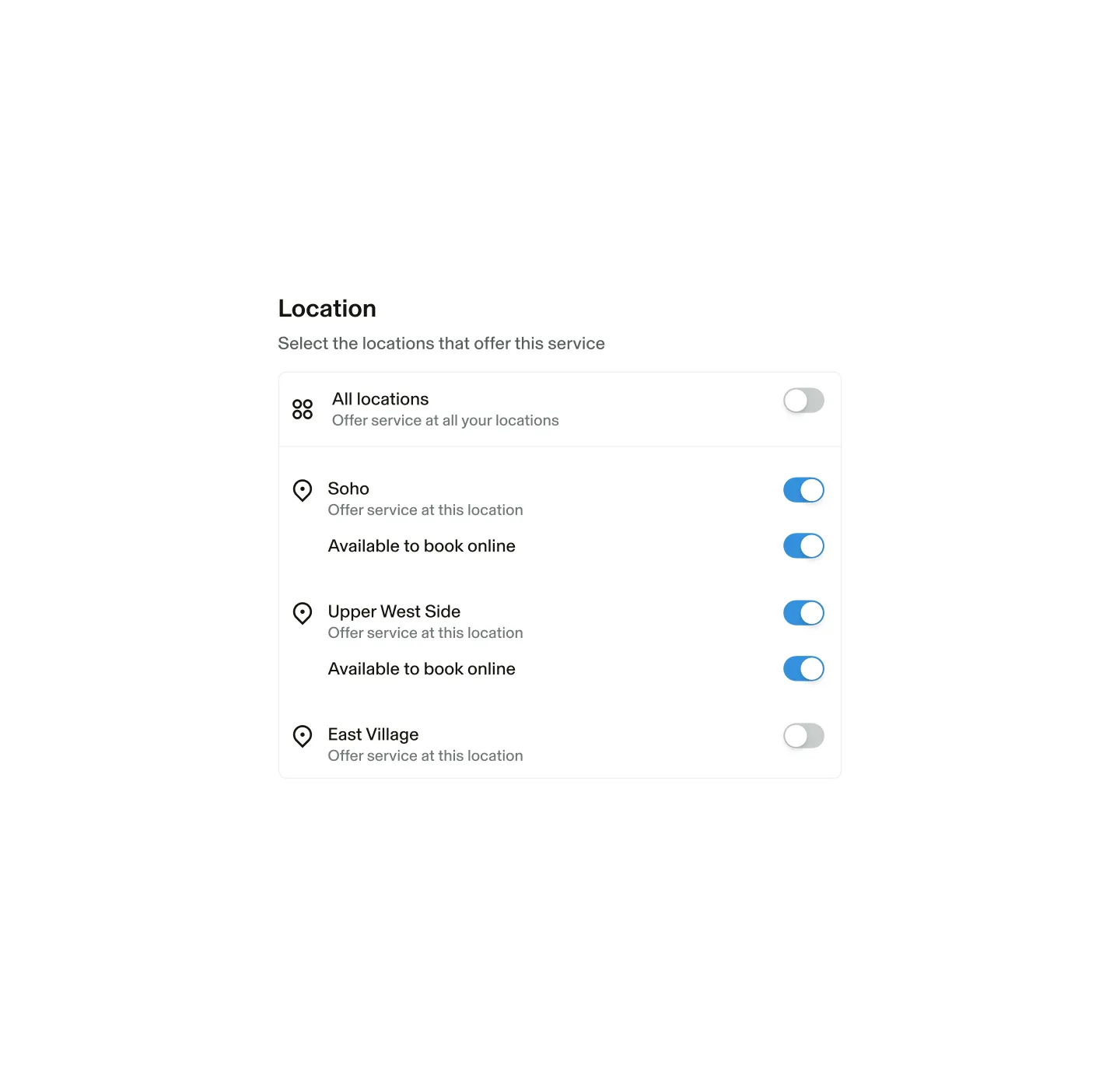 GlossGenius multi-location settings screen for selecting which locations offer a specific service, with toggles for All locations, Soho, Upper West Side, and East Village. Soho and Upper West Side are enabled and available to book online.
