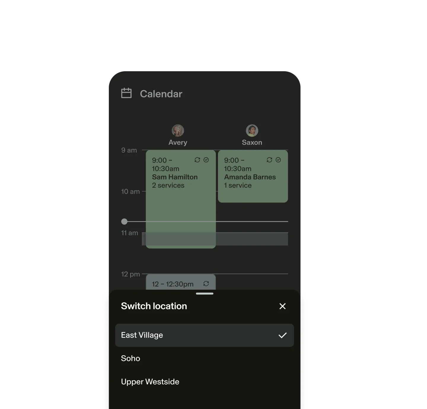 View of the GlossGenius multi-location appointment software calendar showing color-coded schedules for staff of a salon: Avery and Saxon with 9:00–10:30am appointments for Sam Hamilton and Amanda Barnes.