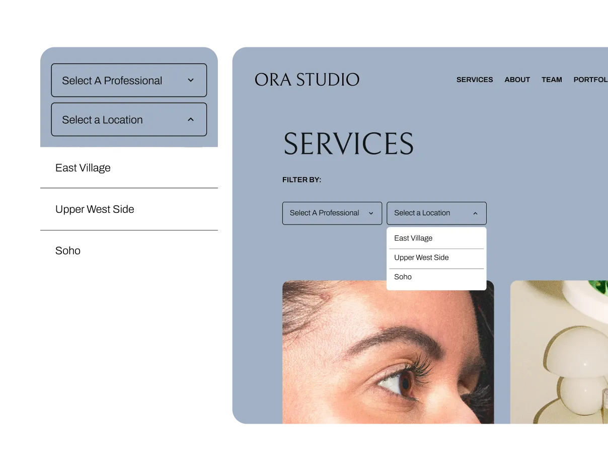 A multi-location appointment business, Ora Studio’s booking website with a location selector dropdown showing East Village, Upper West Side, and Soho, alongside a Services page on desktop.