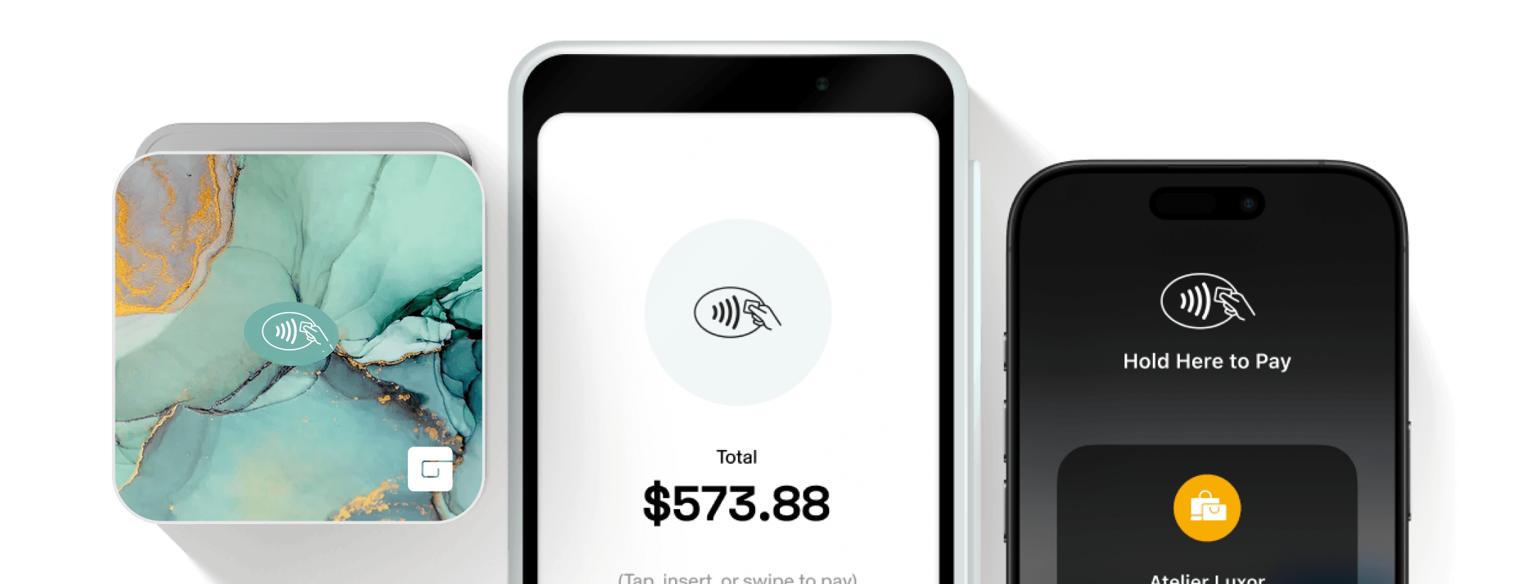 A floral patterned GlossGenius Tap & Go credit card reader next to a mobile screen reading a transaction total of $173.88, next to another mobile screen featuring a Tap-to-Pay symbol