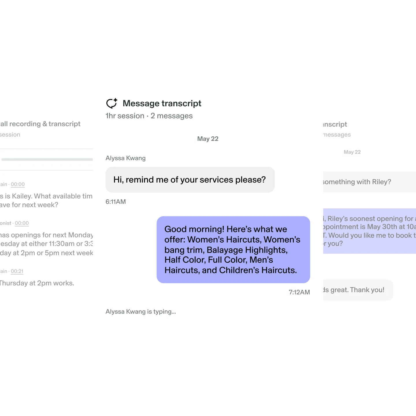 Transcript of a call handled by GlossGenius Reception, an AI call answering agent, showing Alyssa Kwang calling to ask what services a business offers.