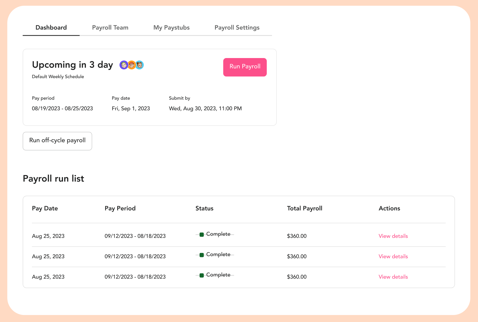 A screenshot of GlossGenius' Payroll interface