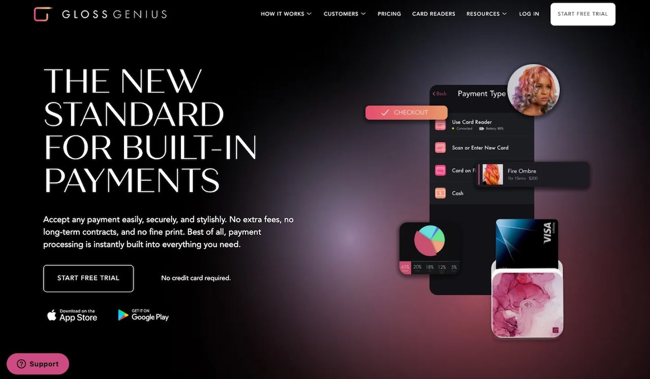 GlossGenius salon credit card processing dashboard showing payment features