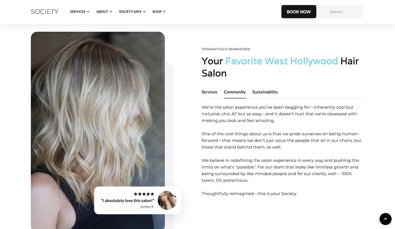 Society salon website featuring client testimonials and black and white design