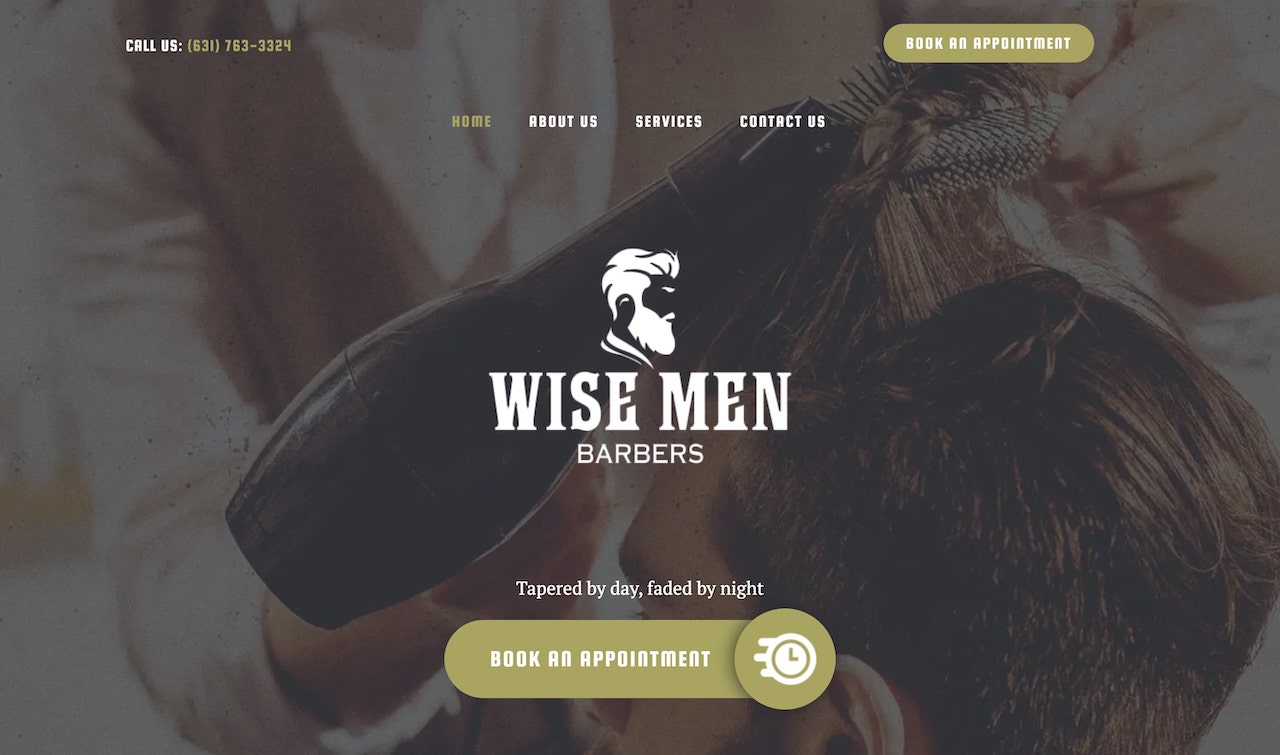 Wise Men Barbers website design with inclusive messaging and booking button