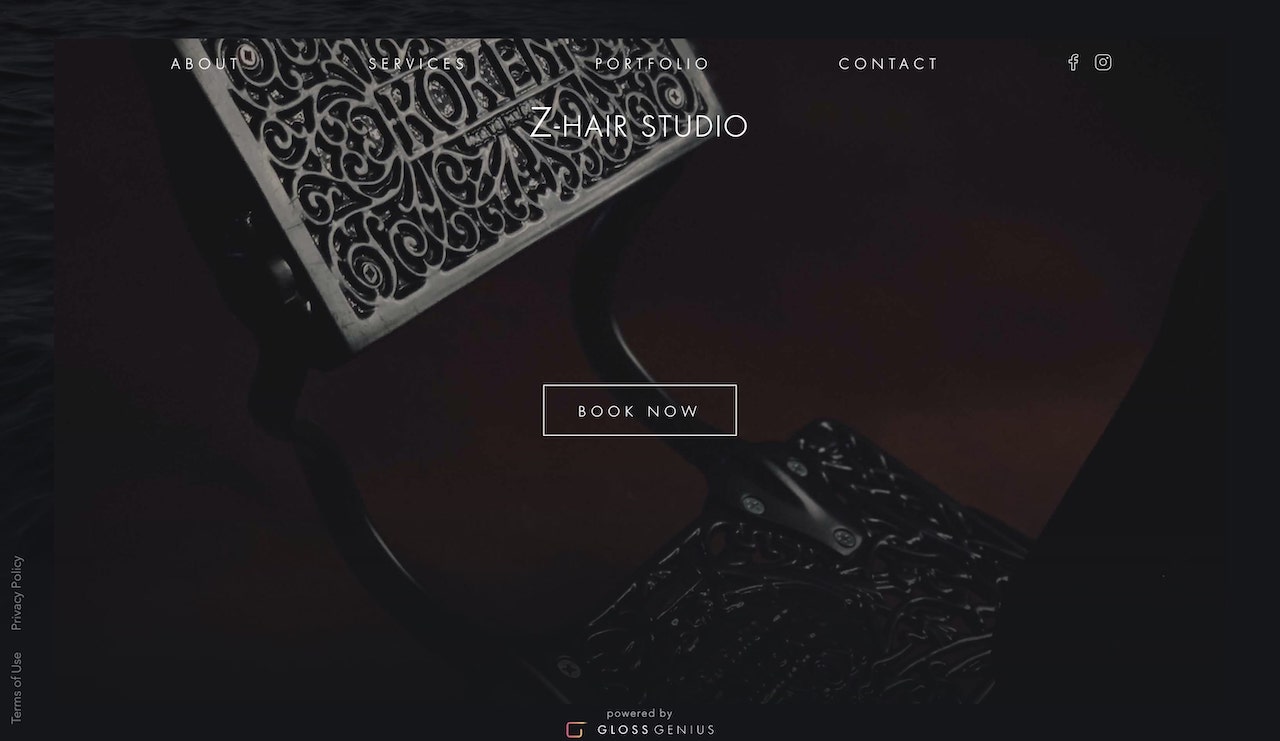 Z-Hair Studio hair salon website built with GlossGenius featuring black and white design