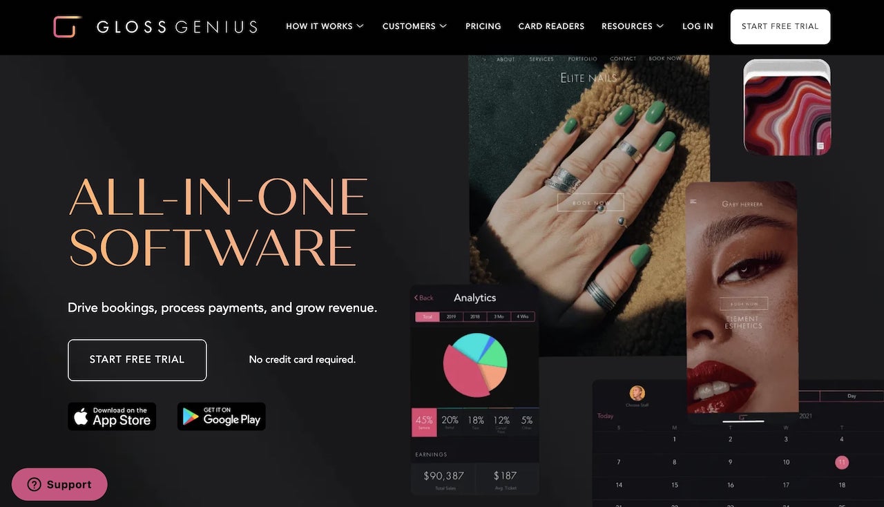 GlossGenius salon management software dashboard showing booking calendar and client appointments