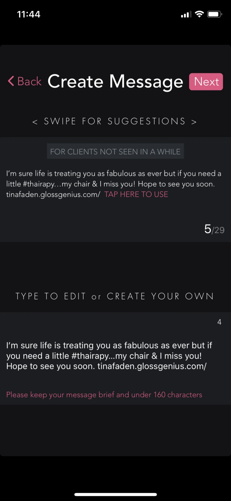 GlossGenius salon POS software showing client messaging and marketing features