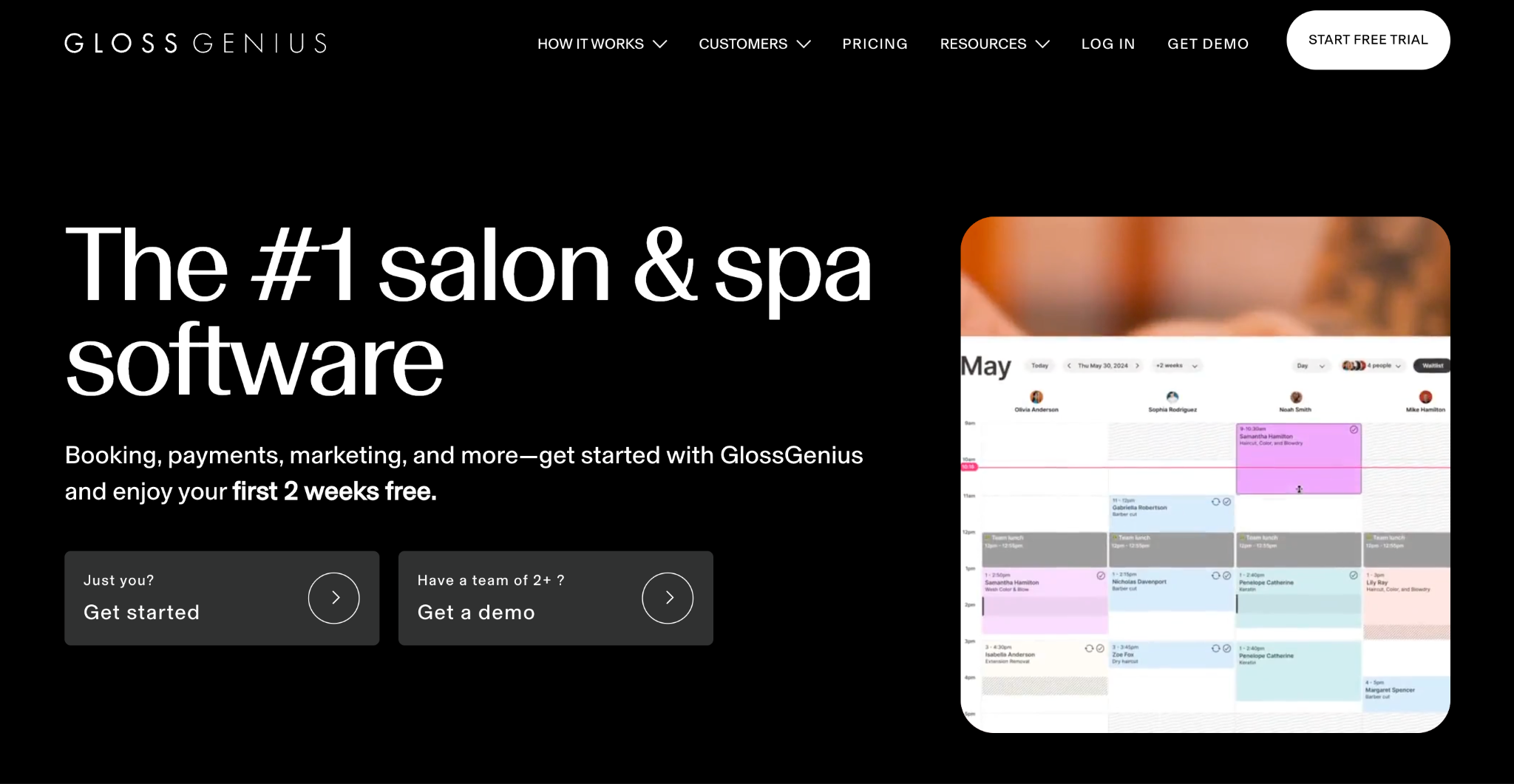 GlossGenius salon booking software dashboard showing appointment calendar and client management