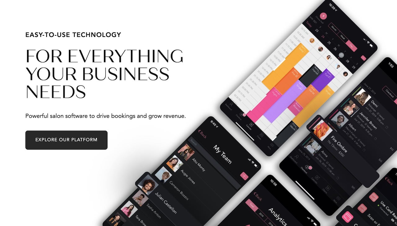GlossGenius salon POS system dashboard showing booking and payment features