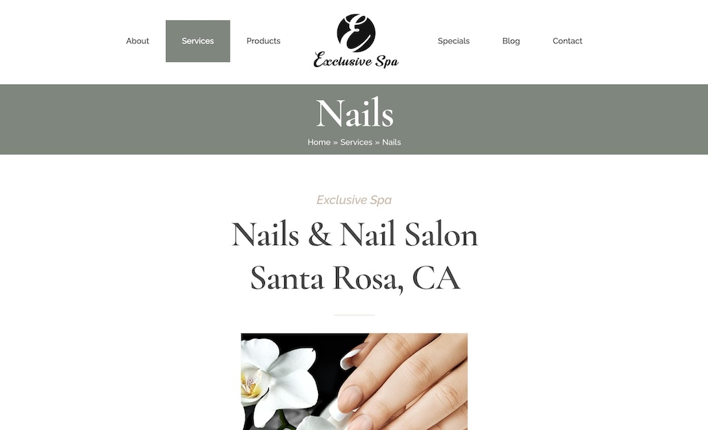 Exclusive Spa nail salon website page with clean professional service listings