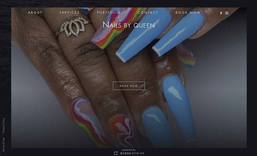 QueenD Nails personal nail salon website with clear booking policies on GlossGenius