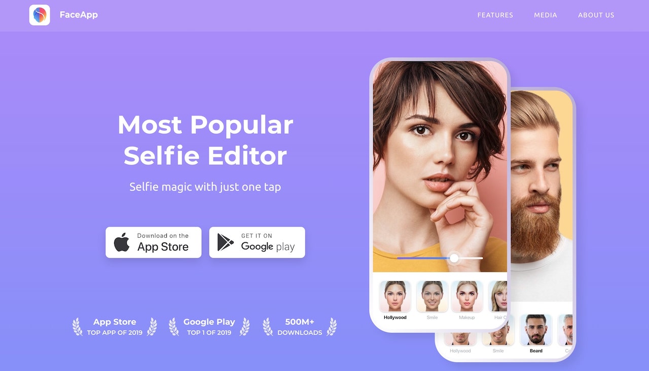FaceApp photo editing showing before and after hairstyle transformation for salon portfolio