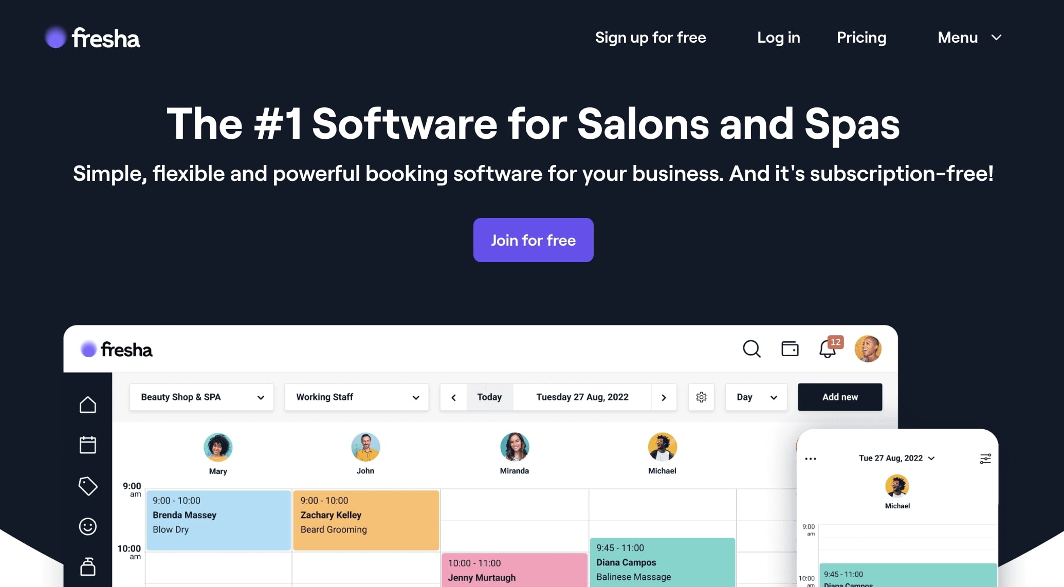 Fresha appointment scheduling calendar interface showing booking features