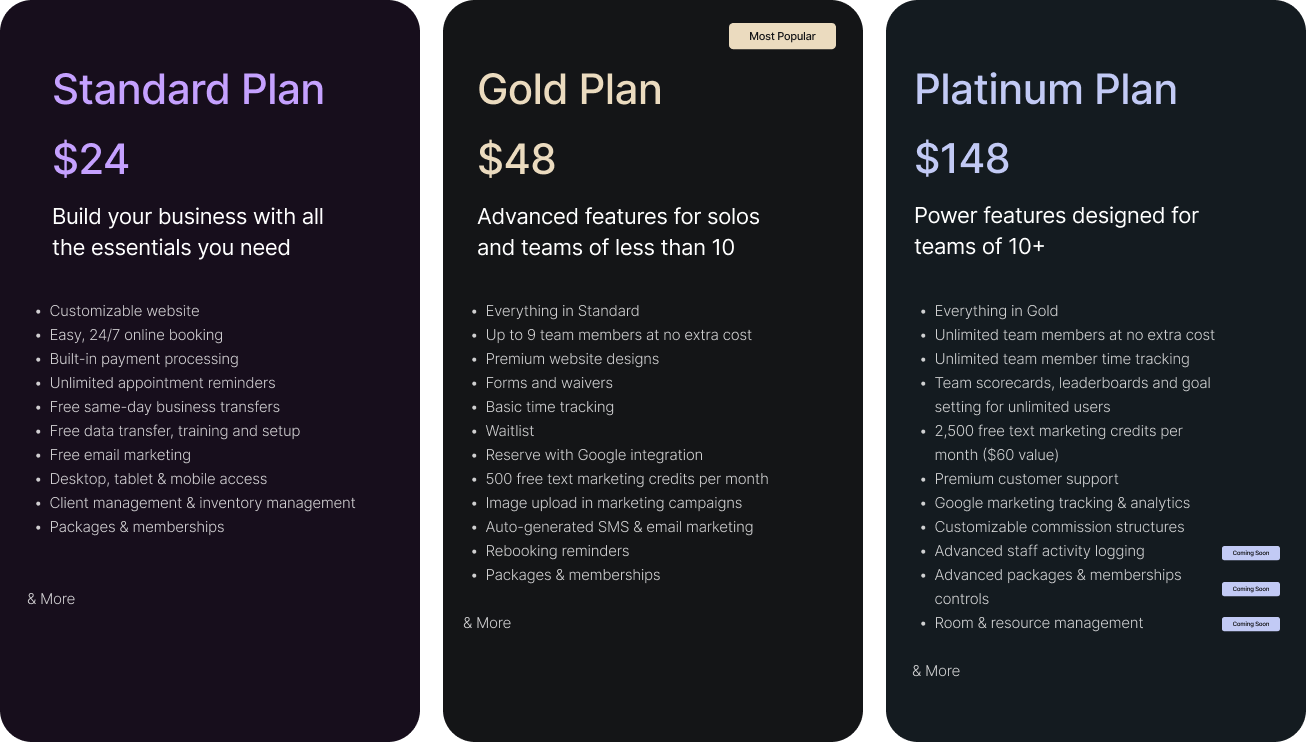 GlossGenius pricing plans showing Standard, Gold, and Platinum subscription tiers