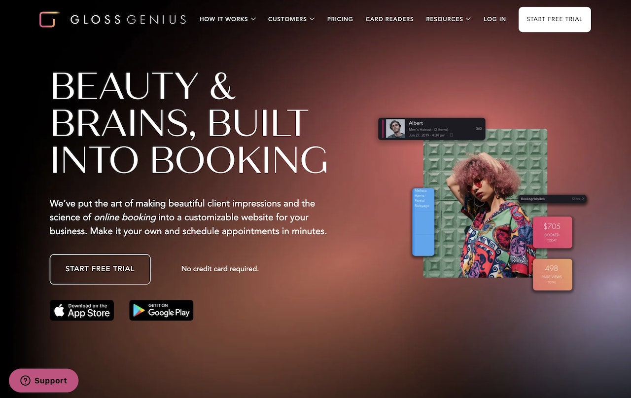 GlossGenius online booking website with customizable design for beauty, wellness, and health businesses