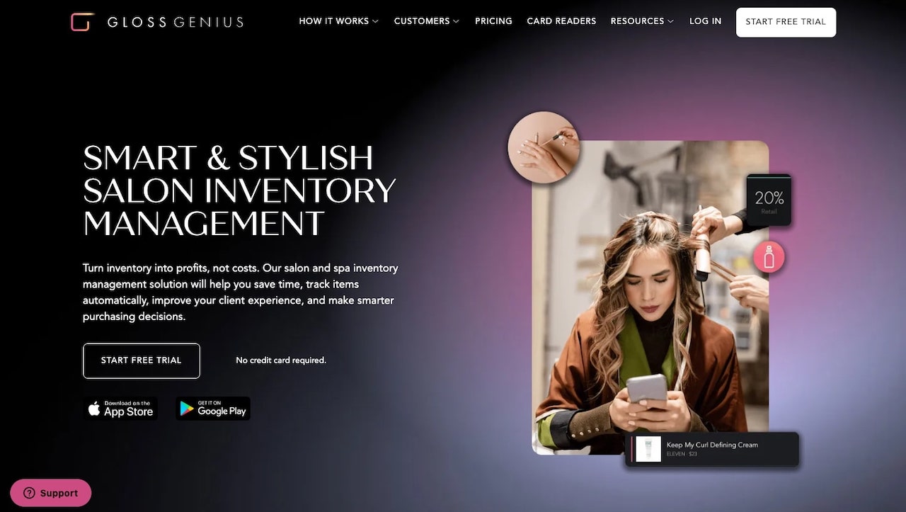 GlossGenius spa inventory software dashboard showing product tracking and stock levels