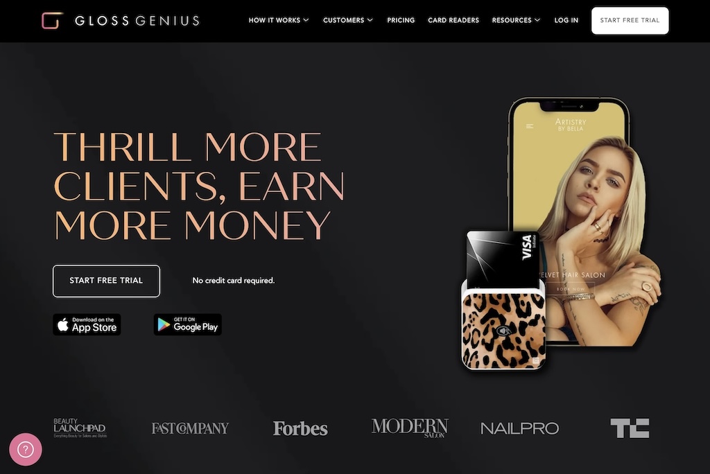 GlossGenius booking software for beauty, wellness, and health businesses dashboard showing booking and payment features