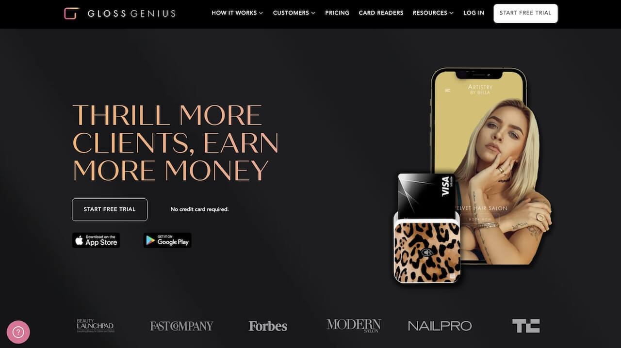 GlossGenius booking software for beauty, wellness, and health businesses dashboard showing booking and payment features