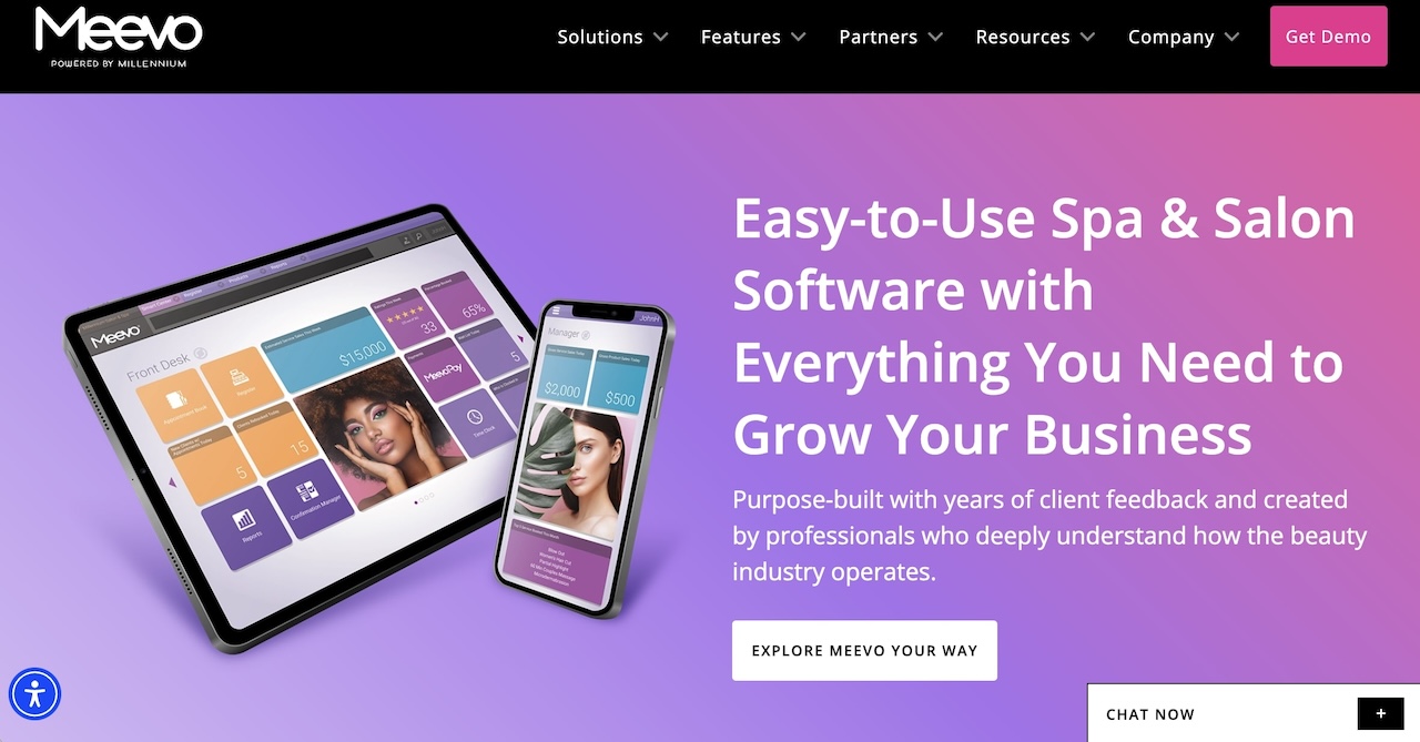 Meevo salon software dashboard with analytics and team management