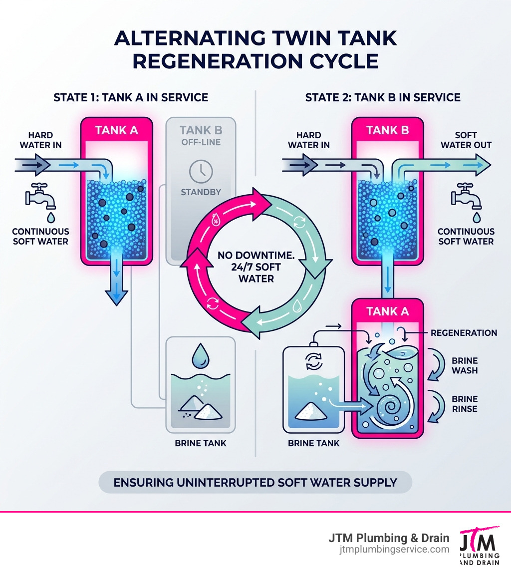 Alternating twin tank regeneration cycle showing one tank in service while the other regenerates - twin tank water softener