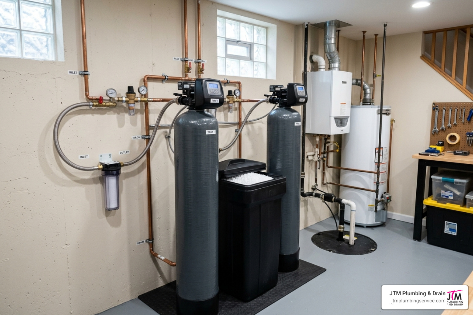 Modern twin tank water softener system installed in a residential basement - twin tank water softener installation
