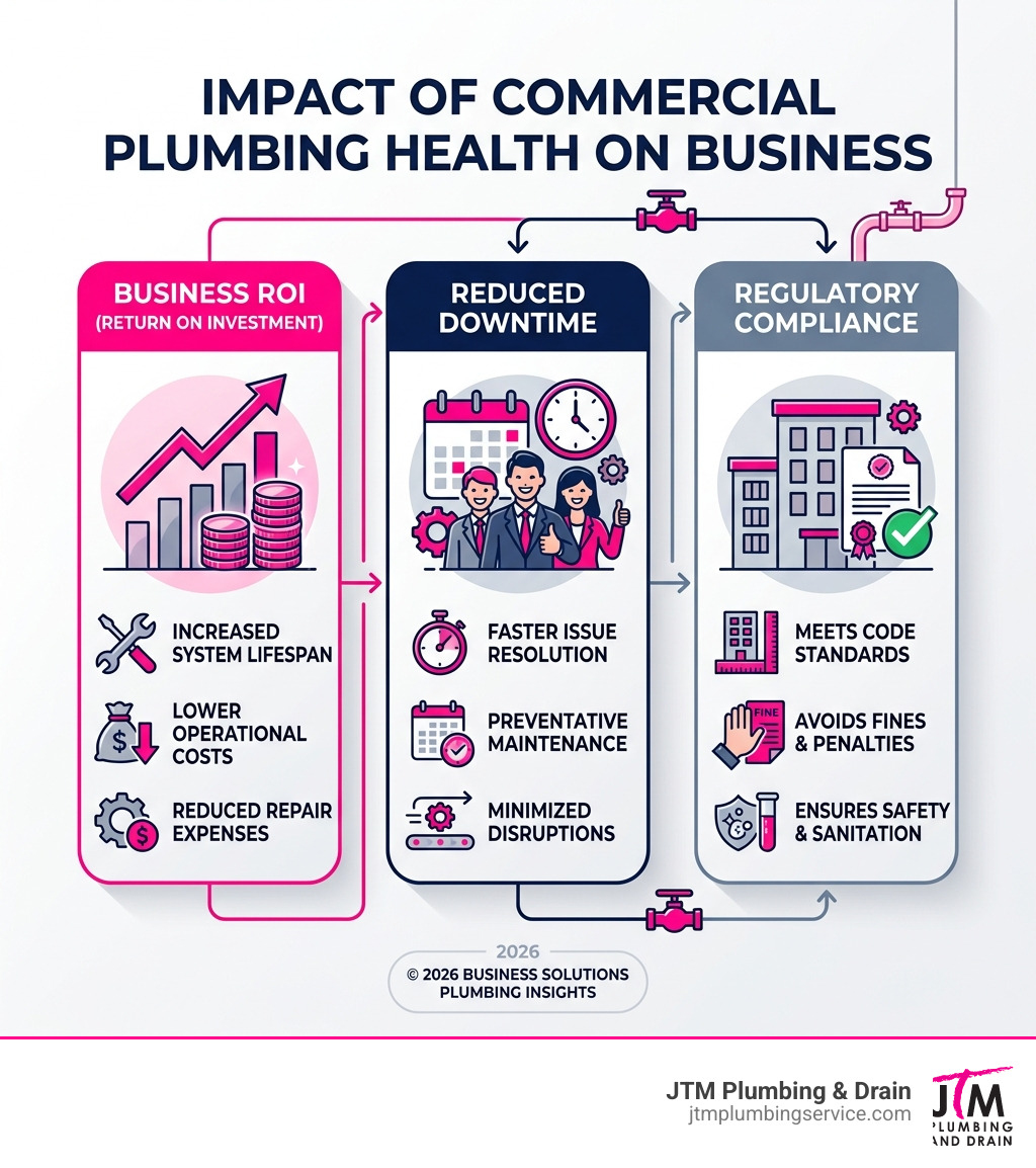 Infographic showing how commercial plumbing health impacts business ROI, downtime, and compliance - commercial plumbers