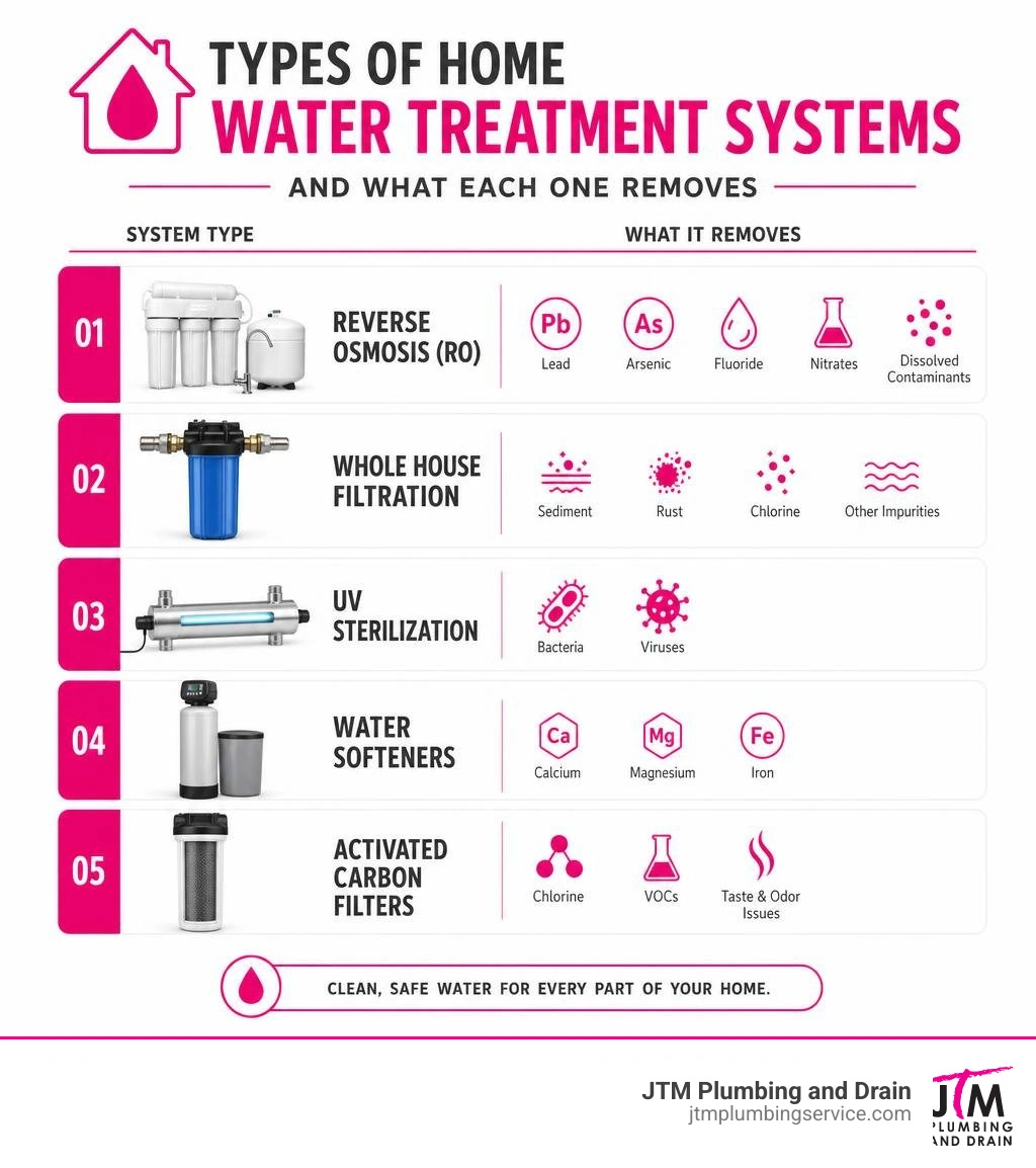 Types of home water treatment systems and what each one removes infographic