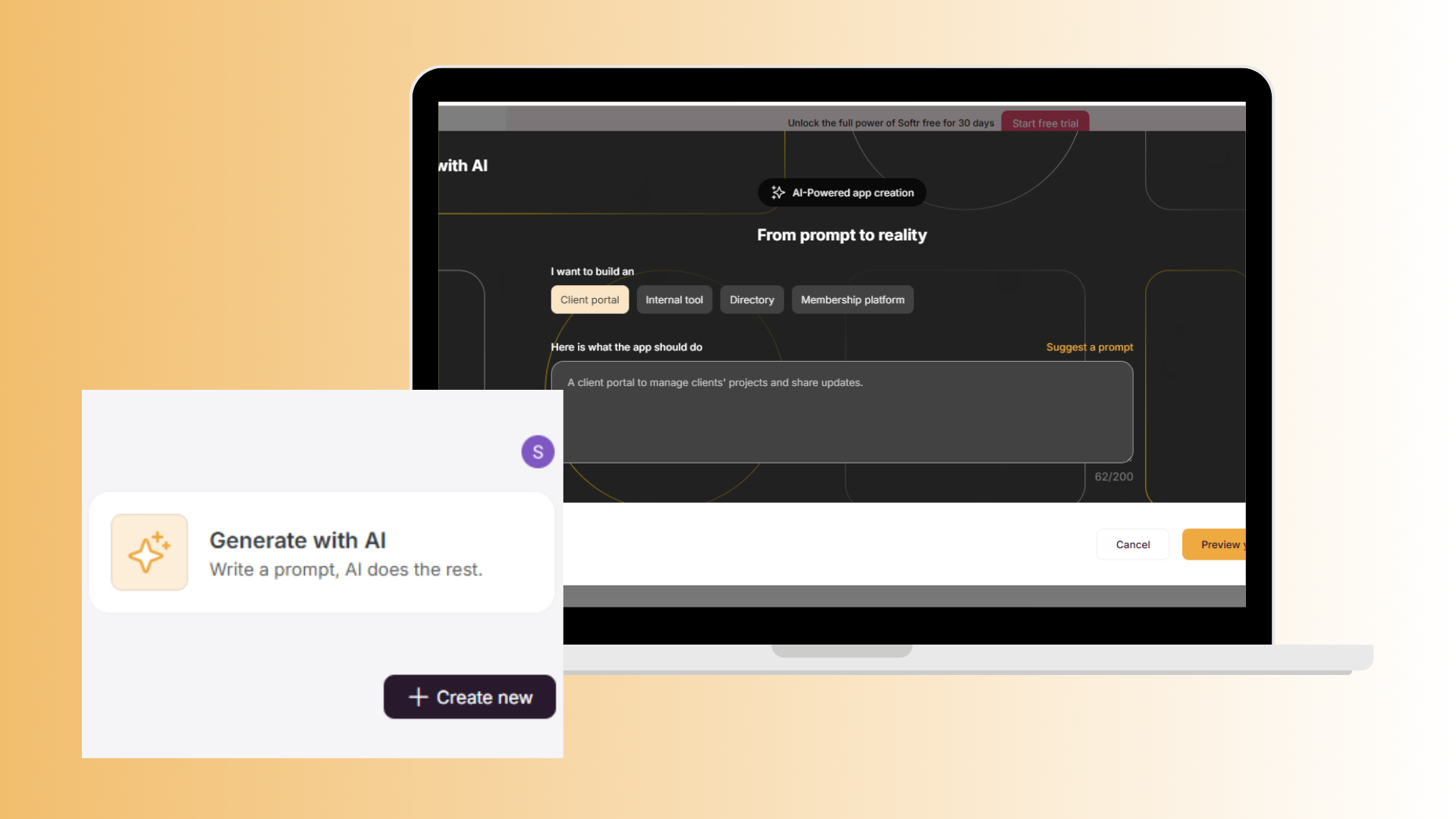 Native mobile app, no code development platform, user flow, without traditional coding, internet connection, analytic tools , the AI of Softr create all the elements so it helps to save time. No necesary for IOs and app stores