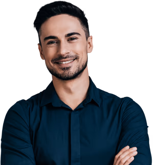 Man wearing a dark blue T-shirt looking straight ahead