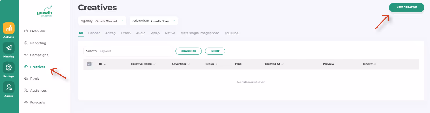 Dashboard screen showing the Creatives section with filters for Agency and Advertiser, empty data table, and a green New Creative button.