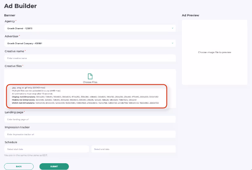 Ad Builder interface showing fields for Agency, Advertiser, Creative name, Creative files with file requirements, Landing page, Impression tracker, Schedule, and an empty Ad Preview area on the right.