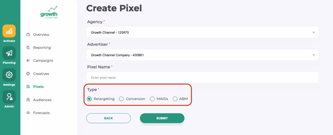 User interface screen titled Create Pixel with fields for Agency, Advertiser, Pixel Name, and a Type selection with radio buttons for Retargeting, Conversion, MAIDs, and ABM, with Retargeting selected.