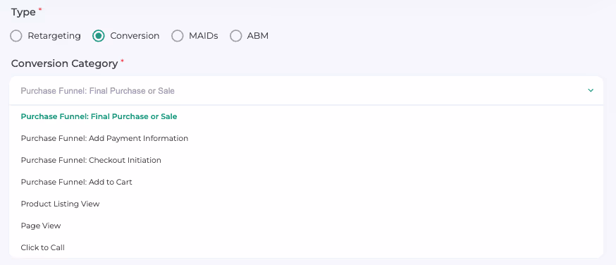 Form interface showing type selection with Conversion option chosen and dropdown menu listing conversion categories like Final Purchase or Sale, Add Payment Information, Checkout Initiation, Add to Cart, Product Listing View, Page View, and Click to Call.