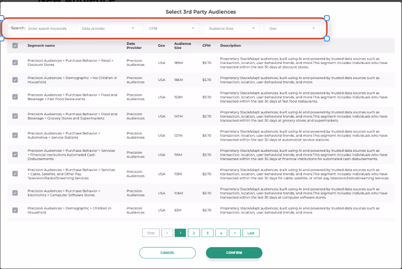 User interface for selecting third-party audiences showing a searchable, filterable table with audience segments, data provider, geo, audience size, CPM, and descriptions, with pagination and Confirm/Cancel buttons.