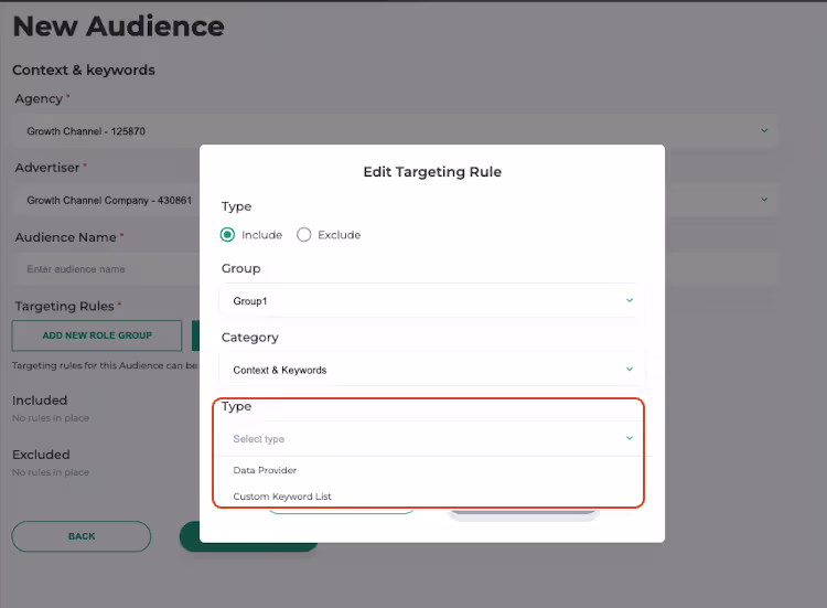 User interface screen titled 'New Audience' with an open 'Edit Targeting Rule' dialog showing include/exclude options, group selection, category, and type dropdown with options including Data Provider and Custom Keyword List.
