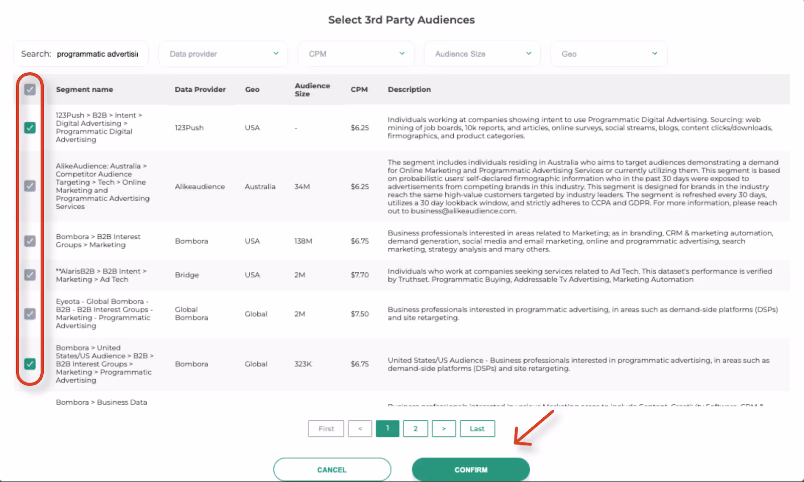 Interface for selecting third-party audiences with checkboxes next to audience segments and a highlighted Confirm button.