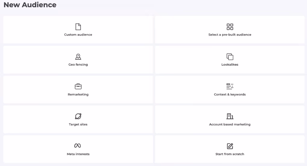 User interface showing options to create a new audience, including custom audience, select a pre-built audience, geo fencing, lookalikes, remarketing, context & keywords, target sites, account based marketing, meta interests, and start from scratch.