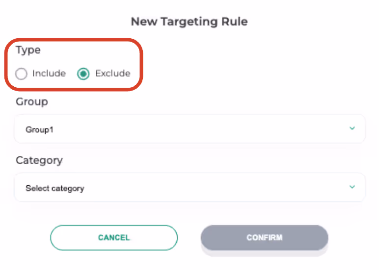 User interface for creating a new targeting rule showing options to include or exclude, group selection set to Group1, category dropdown, and Cancel and Confirm buttons.