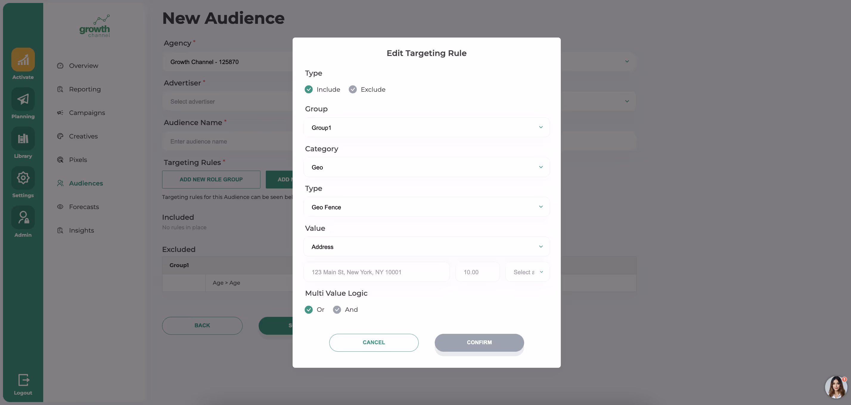 Software interface showing 'Edit Targeting Rule' window for setting geo-fence with address and multi-value logic options.