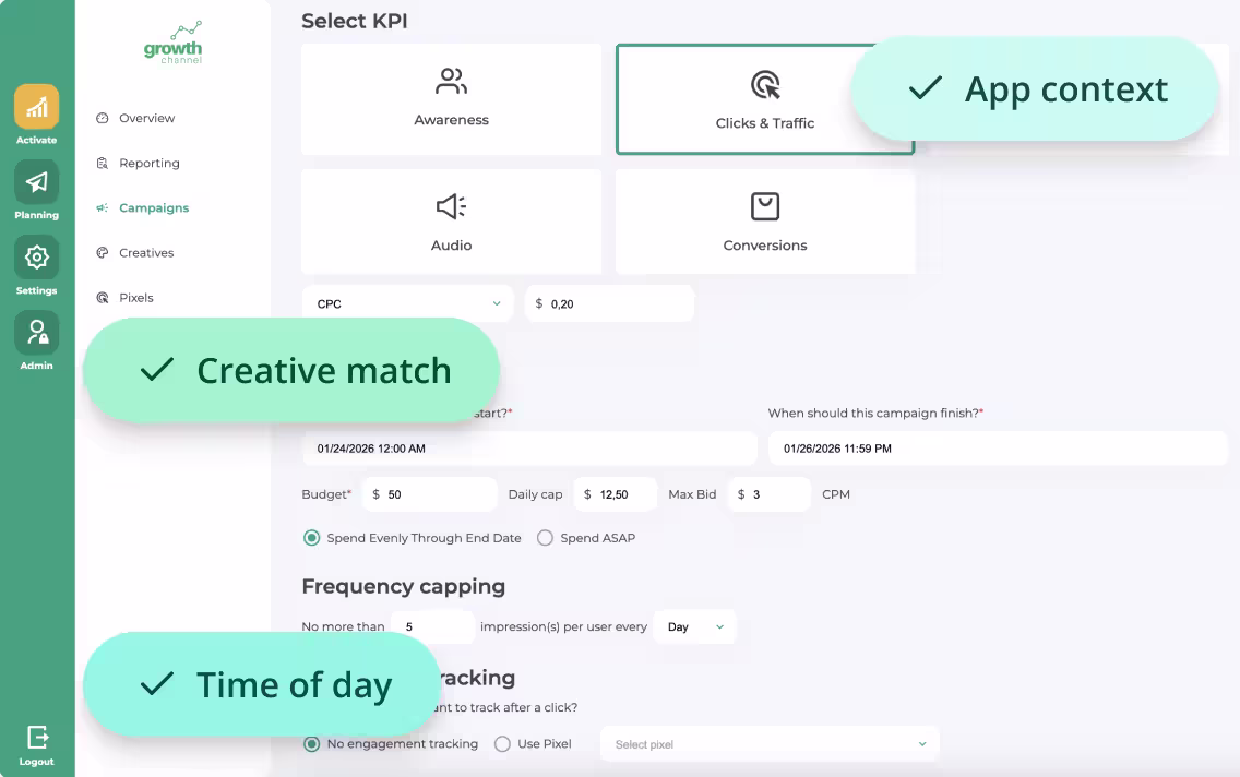 Dashboard for selecting KPI metrics with options for Awareness, Clicks & Traffic, Audio, and Conversions, alongside campaign budget and scheduling settings.