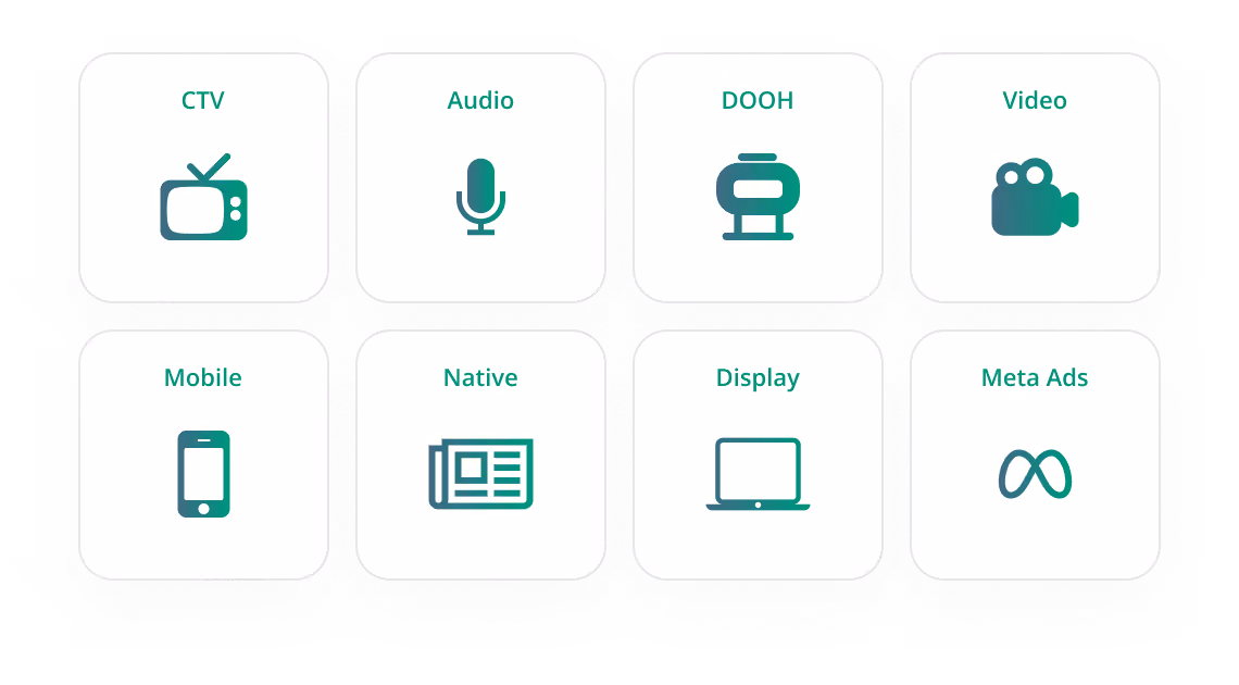 Eight icons labeled CTV, Audio, DOOH, Video, Mobile, Native, Display, and Meta Ads in two rows.