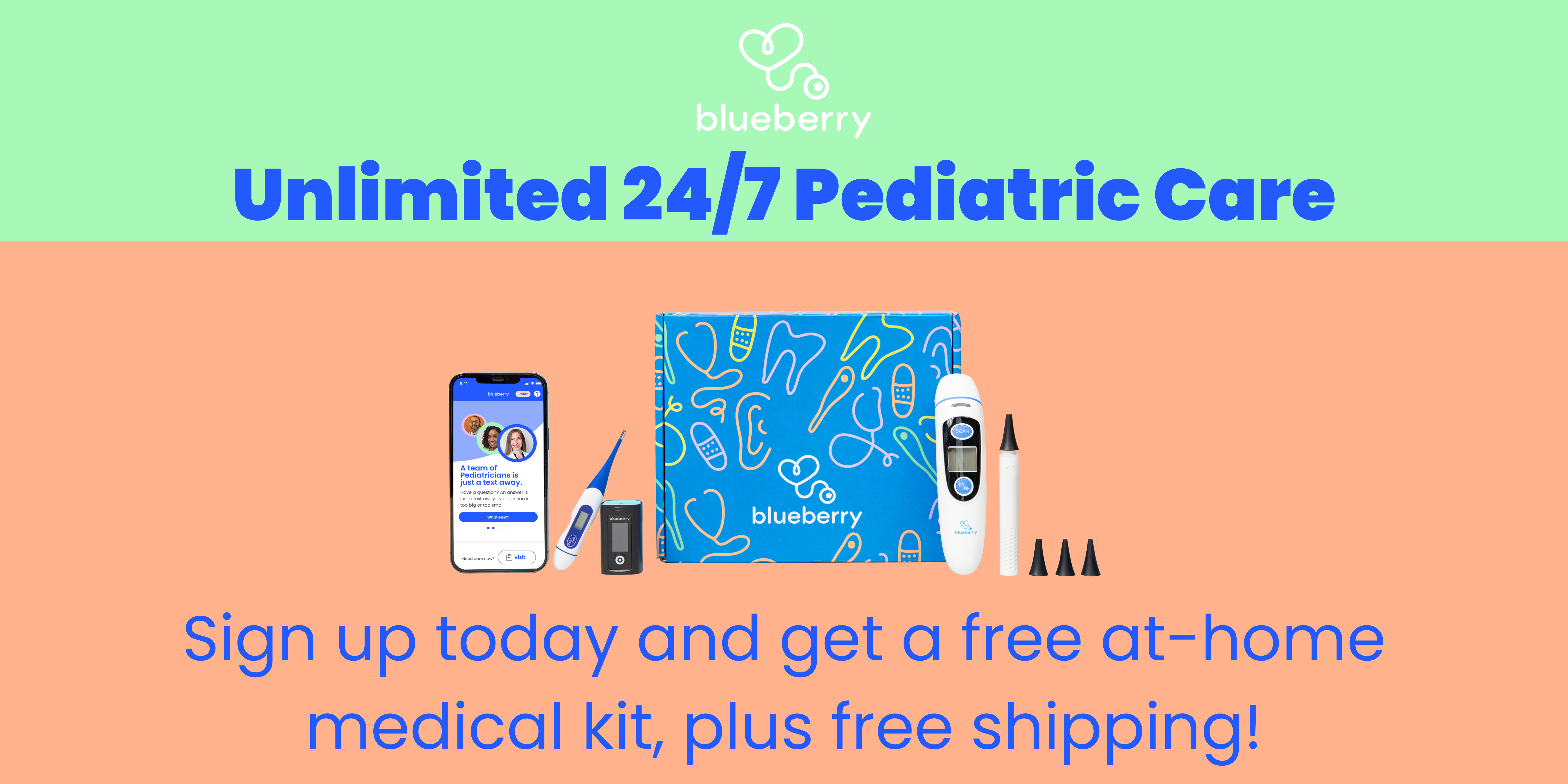 A cell phone with the Blueberry Pediatrics homepage on the screen, followed by a display of the Blueberry Pediatrics at-home medical kit: thermometer, pulse oximeter, and otoscope.