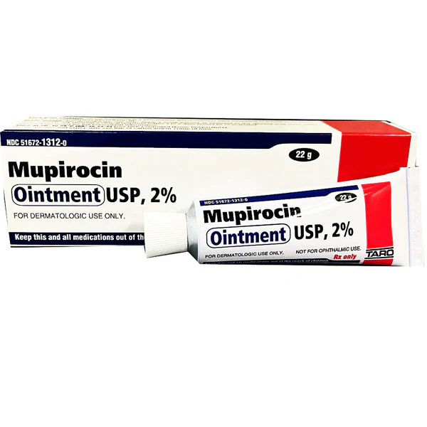 A tube of Mupirocin in front of it's packing box