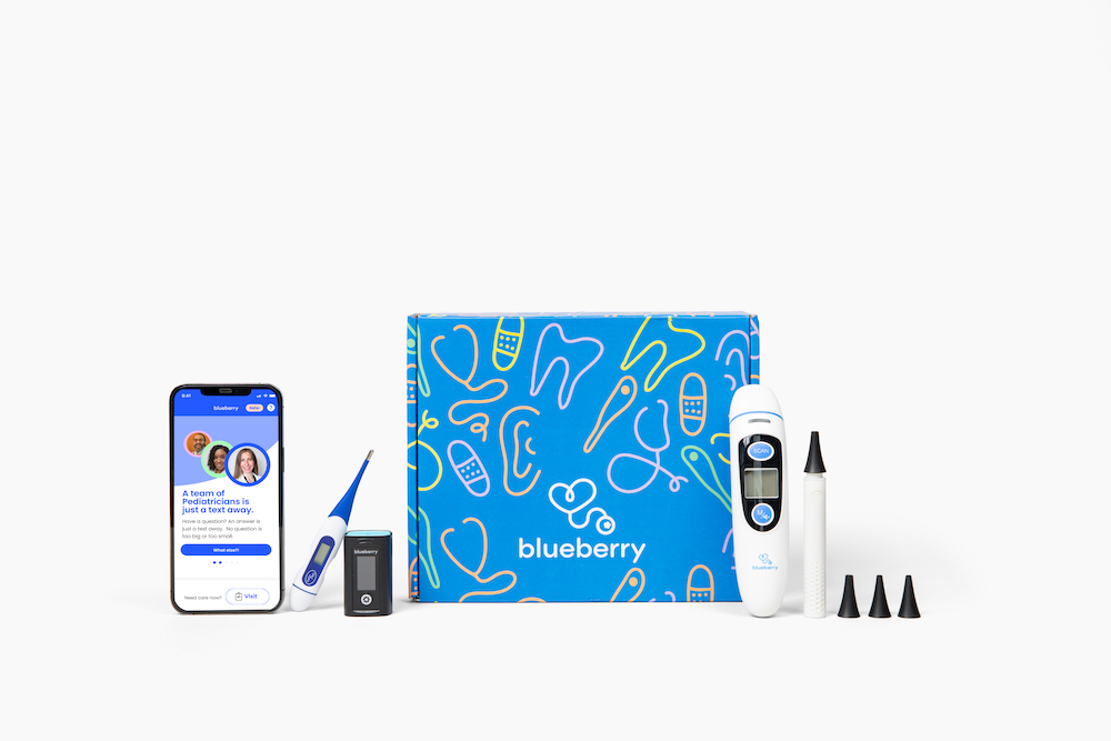 A cell-phone with the Blueberry Pediatrics homepage, followed by a display of Blueberry Pediatrics' at-home medical kit: thermometer, pulse oximeter, forehead thermometer, and otoscope.